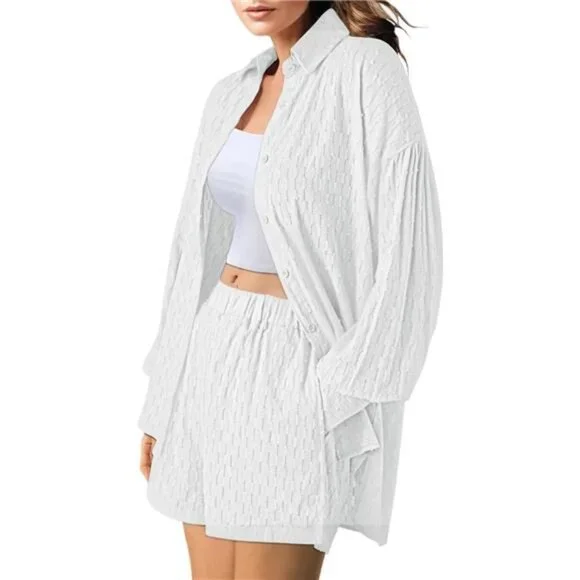 Women's 2 Piece Outfits Oversized Long Puff Sleeve Blouse Shirt High Waisted - Picture 3 of 7